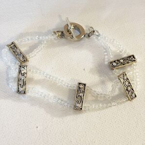 Beaded Bracelet Toggle Closure Clear Beads Silver Tone Delicate Size 7.75